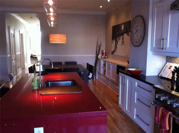 modern kitchen with red marble countertops