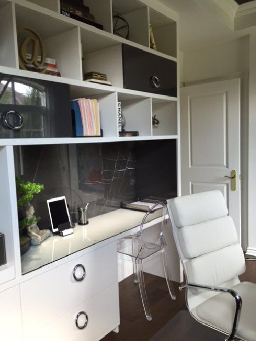 office with white storage cabinets