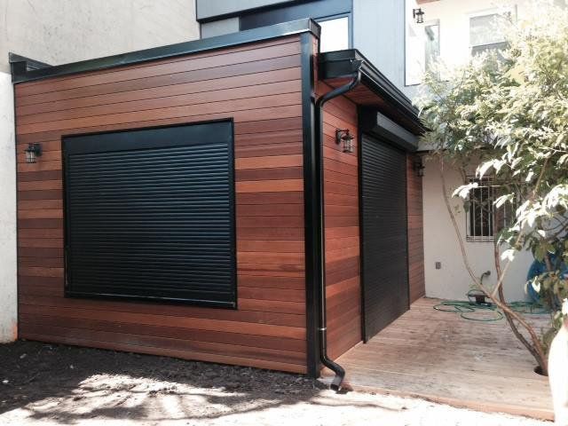 large modern shed with treated wood