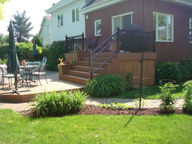 two level patio with black railing