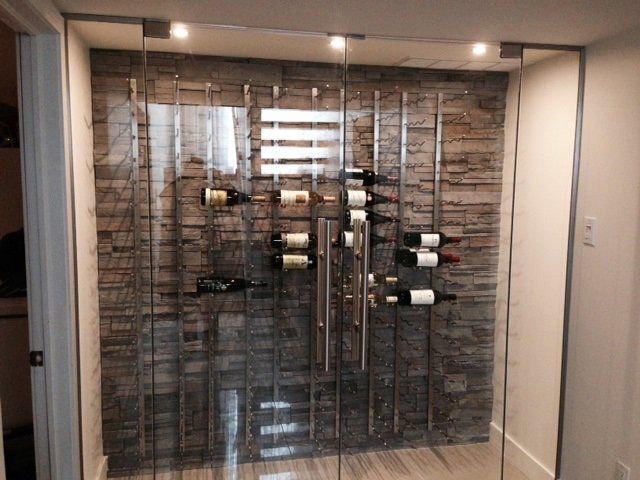 wine cellar with stone backsplash