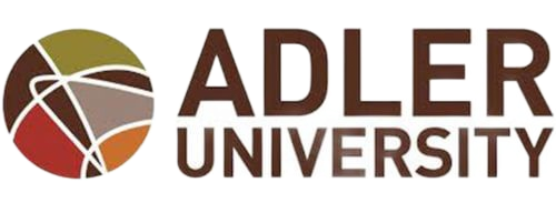 Logo for Adler University featuring a circle divided into four colored segments with white lines and the name in brown.