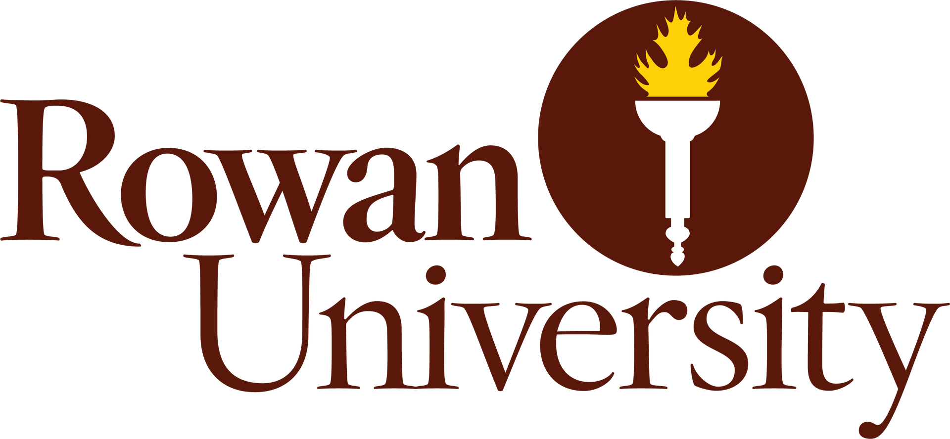 Rowan University logo: text in dark brown with a brown circle containing a golden torch icon.