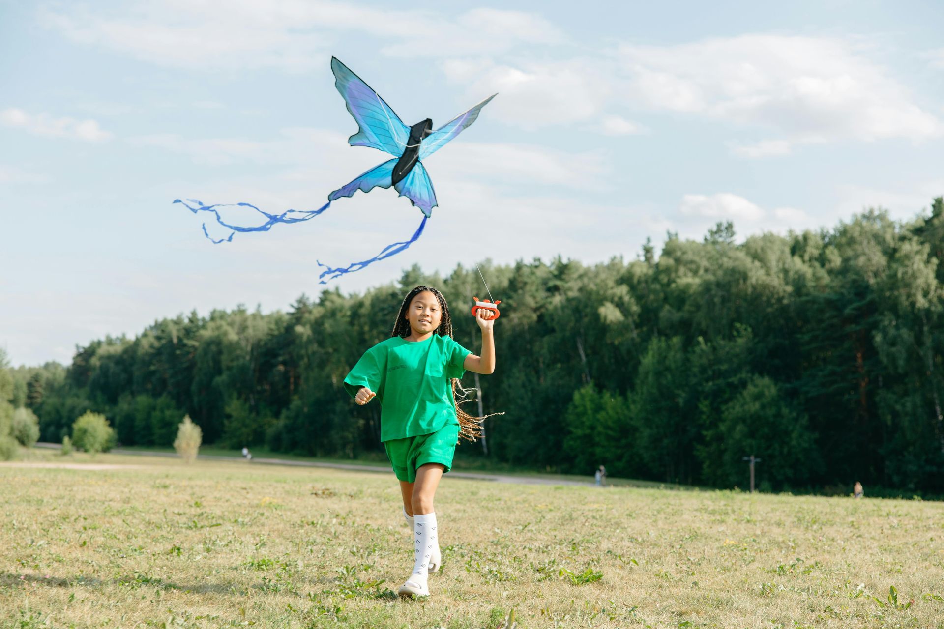 A person in a green outfit runs through a field, holding the string of a blue butterfly-shaped kite flying overhead.