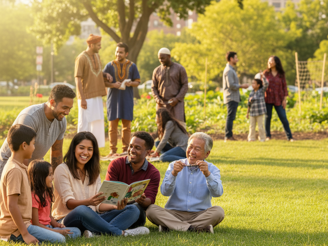 Diverse group of people in a sunny park, with some reading together on the grass and others standing in the background.