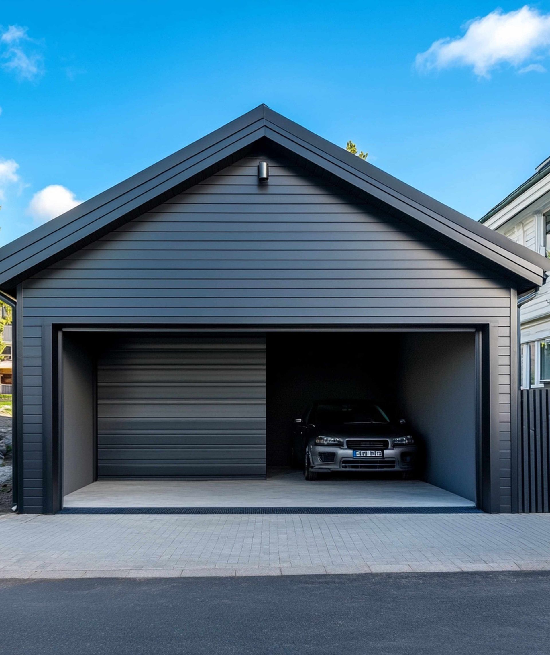 Dark gray garage with a car inside and a partially open, sliding door. The sky is blue with white clouds.