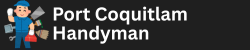 Port Coquitlam Handyman logo with a cartoon handyman holding tools on a black background.