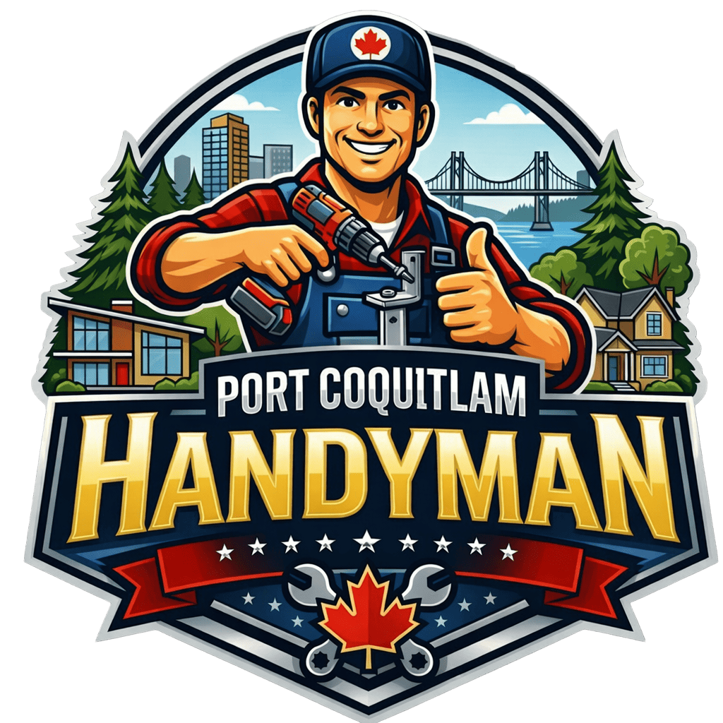 Port Coquitlam Handyman logo with a cartoon handyman holding tools on a black background.