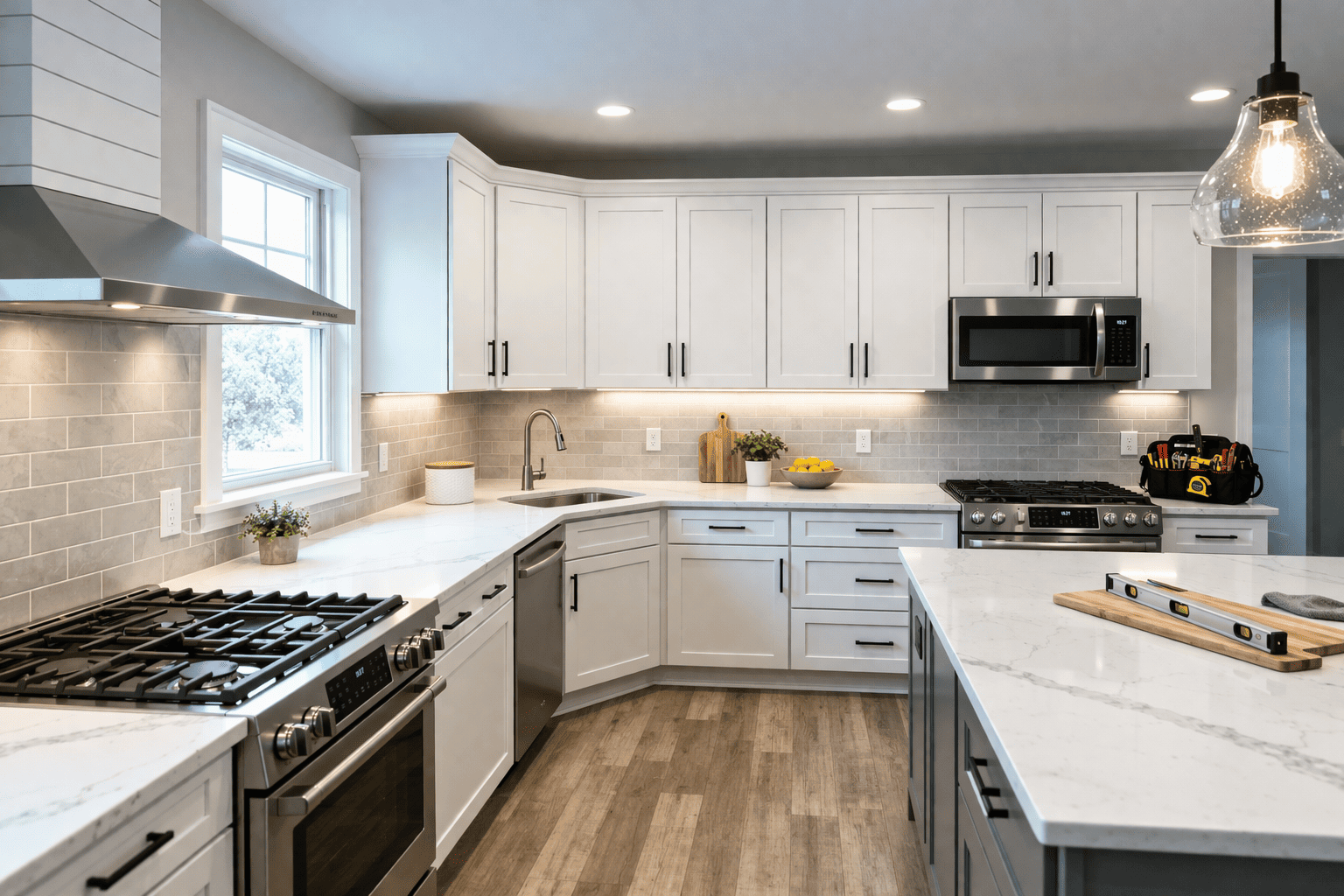Kitchen under renovation, featuring white cabinets, a stove, and a microwave. A yellow ladder and other construction materials are present.