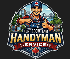 Port Coquitlam Handyman logo with a cartoon handyman holding tools on a black background.