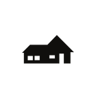 Black silhouette of a house with a pitched roof, windows, and a door on a white background.