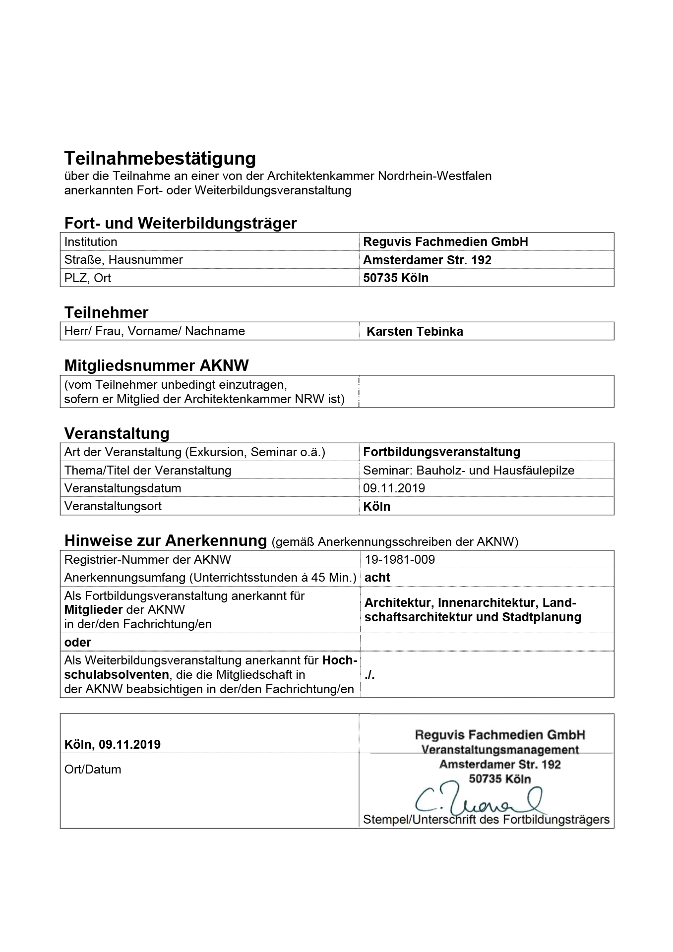 Teilnahmebestätigung