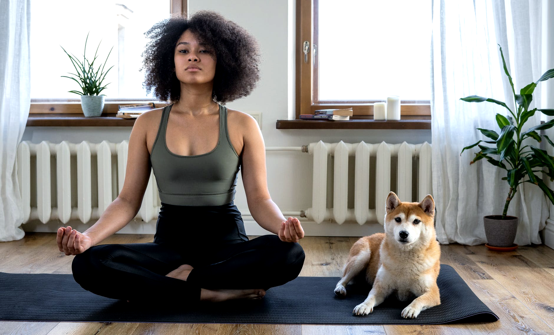Dog with owner on yoga mat - separation anxiety