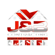 Logo for J&B Contracting, with red and silver lettering and house outline. Interior and exterior remodeling company.