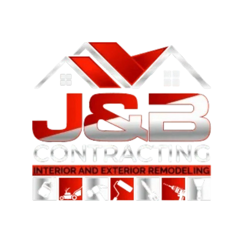 Logo for J&B Contracting, with red and silver lettering and house outline. Interior and exterior remodeling company.