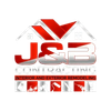 Logo for J&B Contracting, with red and silver lettering and house outline. Interior and exterior remodeling company.