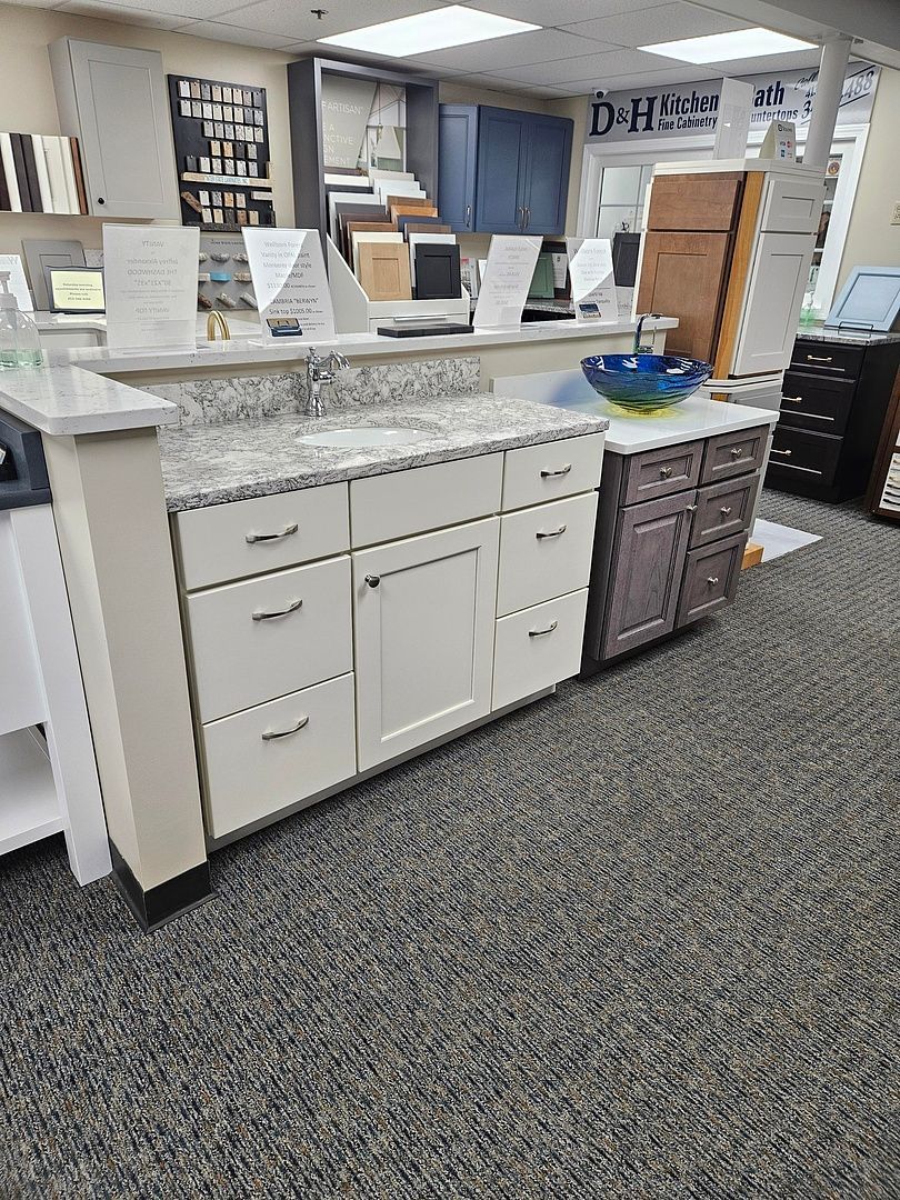A kitchen with white cabinets and a sink in a store.