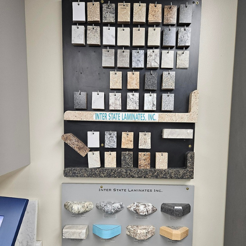 A display of granite samples from inter state laminates inc.