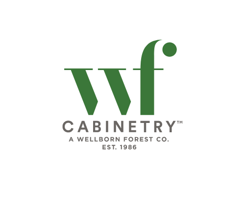 The logo for cabinetry a wellborn forest co. is green and white.