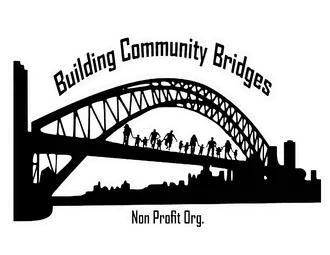 Silhouette of a bridge with people walking across; text
