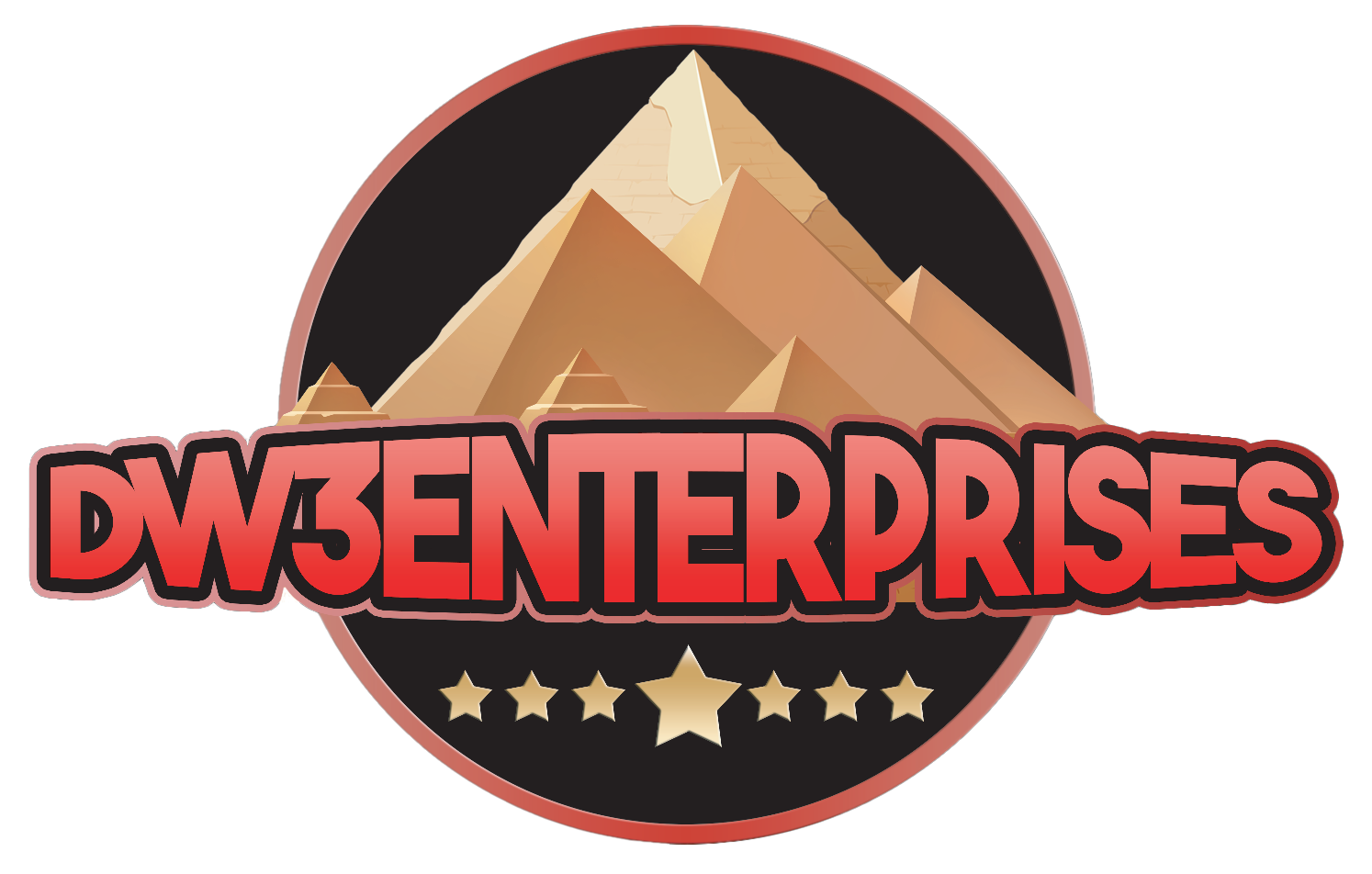 DW3 Enterprises logo: Red text, black background, gold mountain, gold stars, and a red circle.
