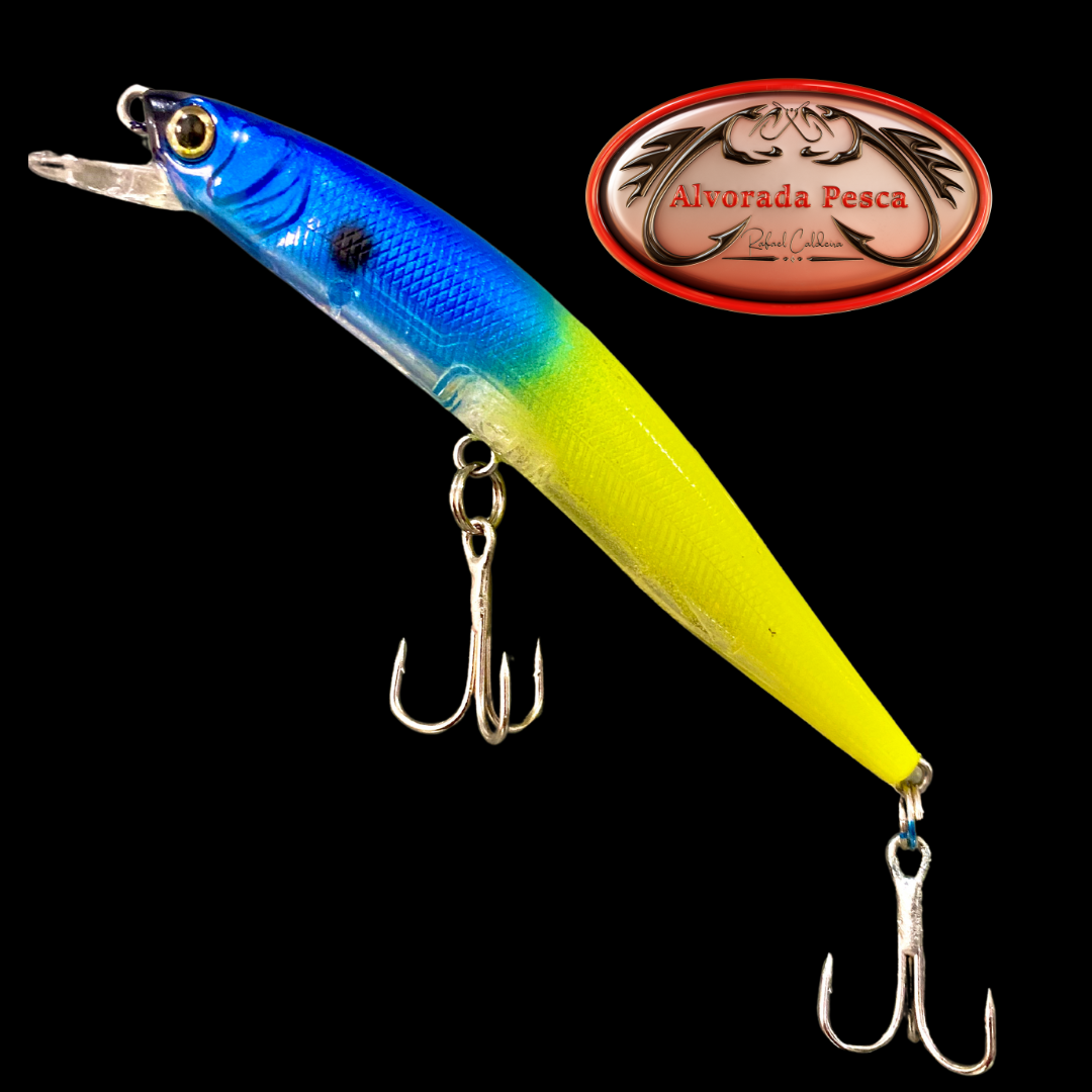 Uma isca de pesca azul e amarela tem dois anzóis presos a ela