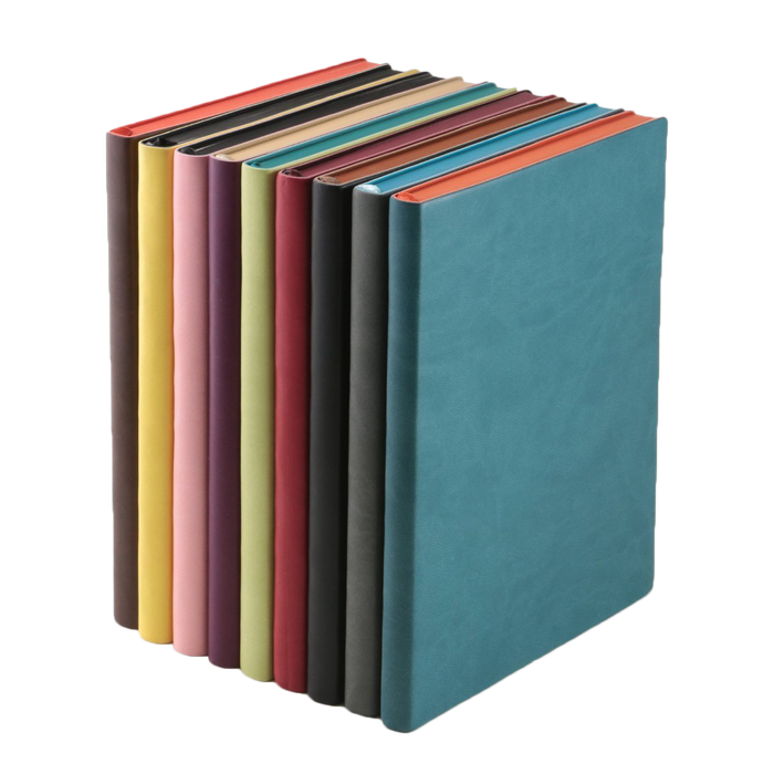 A stack of books with different colors on a white background