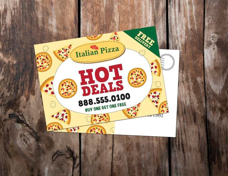 A postcard for italian pizza advertising hot deals