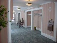 Hallway with pink walls, green carpet, and open doorways.  A plant and furniture are visible.