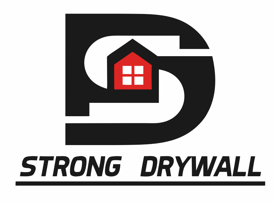 A logo for a company called Strong Drywall with a red house in the middle.