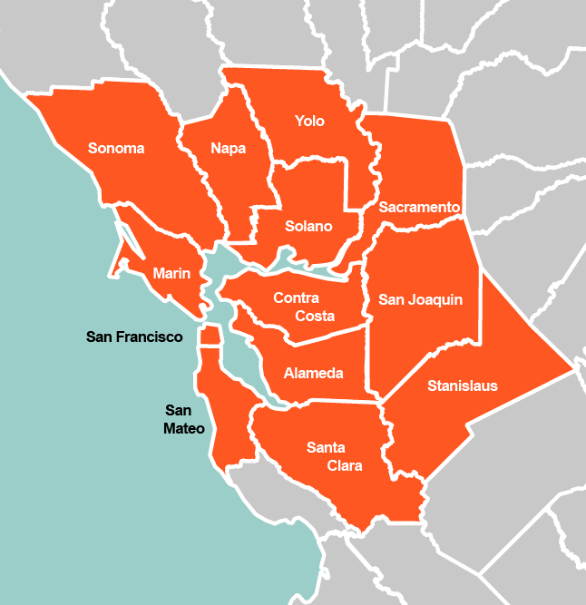 Map of counties in orange, including Sonoma, Napa, Sacramento, Solano, Marin, Contra Costa, San Francisco, Alameda, San Mateo, Santa Clara, and Stanislaus.