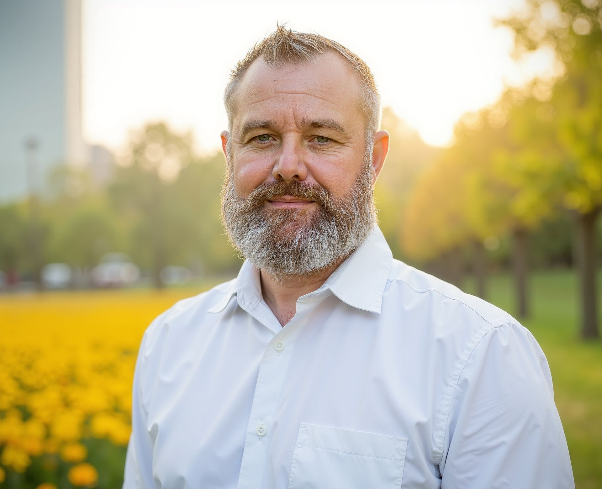 Man with a grey beard wearing a white shirt, smiling in a park with yellow flowers.