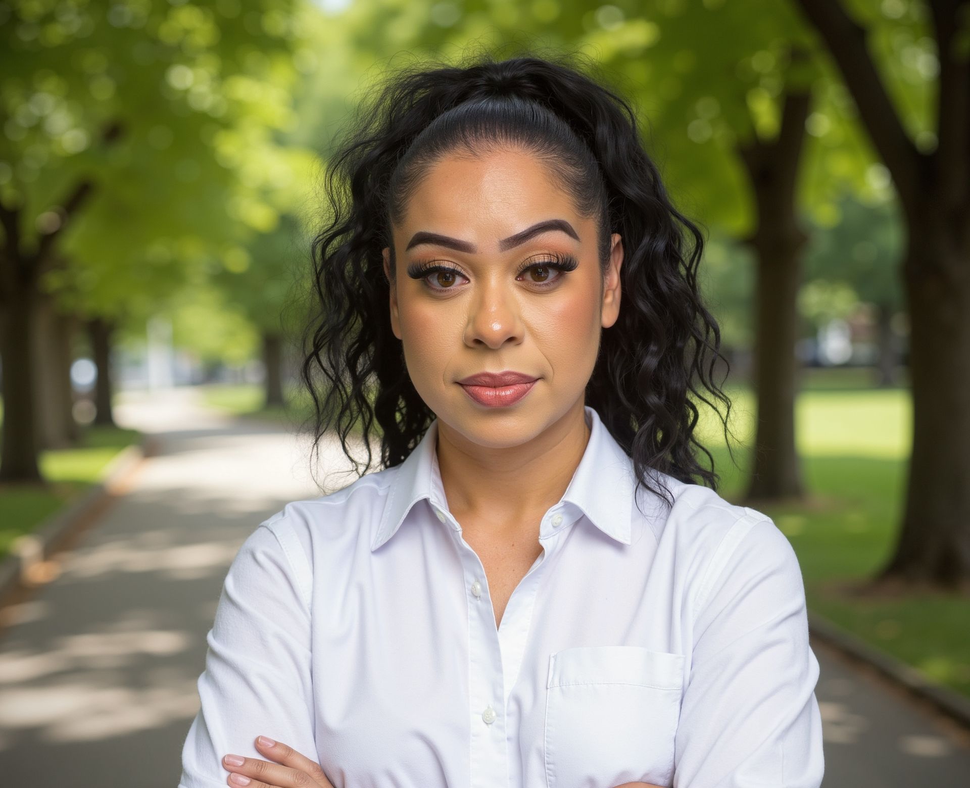 Woman with dark hair pulled up, white shirt, arms crossed, outside with trees.