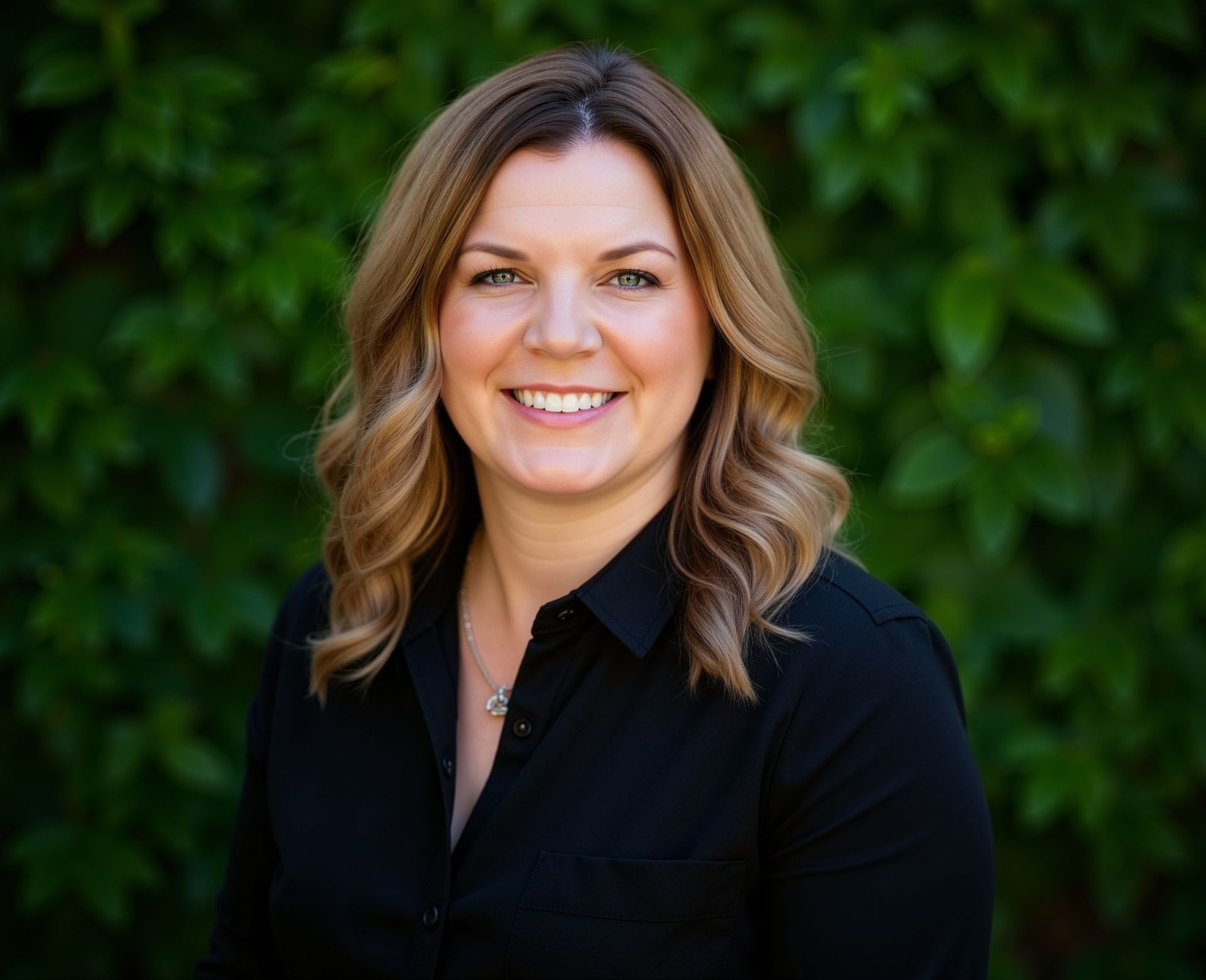 Woman with shoulder-length blonde hair smiling in front of a green leafy background. She wears a black button-up shirt.