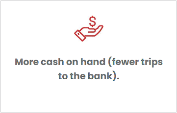 A hand holding a dollar sign with the words `` more cash on hand ( fewer trips to the bank ) ''.