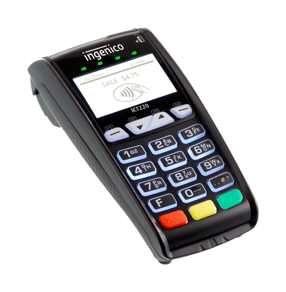 A ingenico credit card machine is sitting on a white surface.