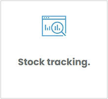 A blue icon with a magnifying glass and the words stock tracking.