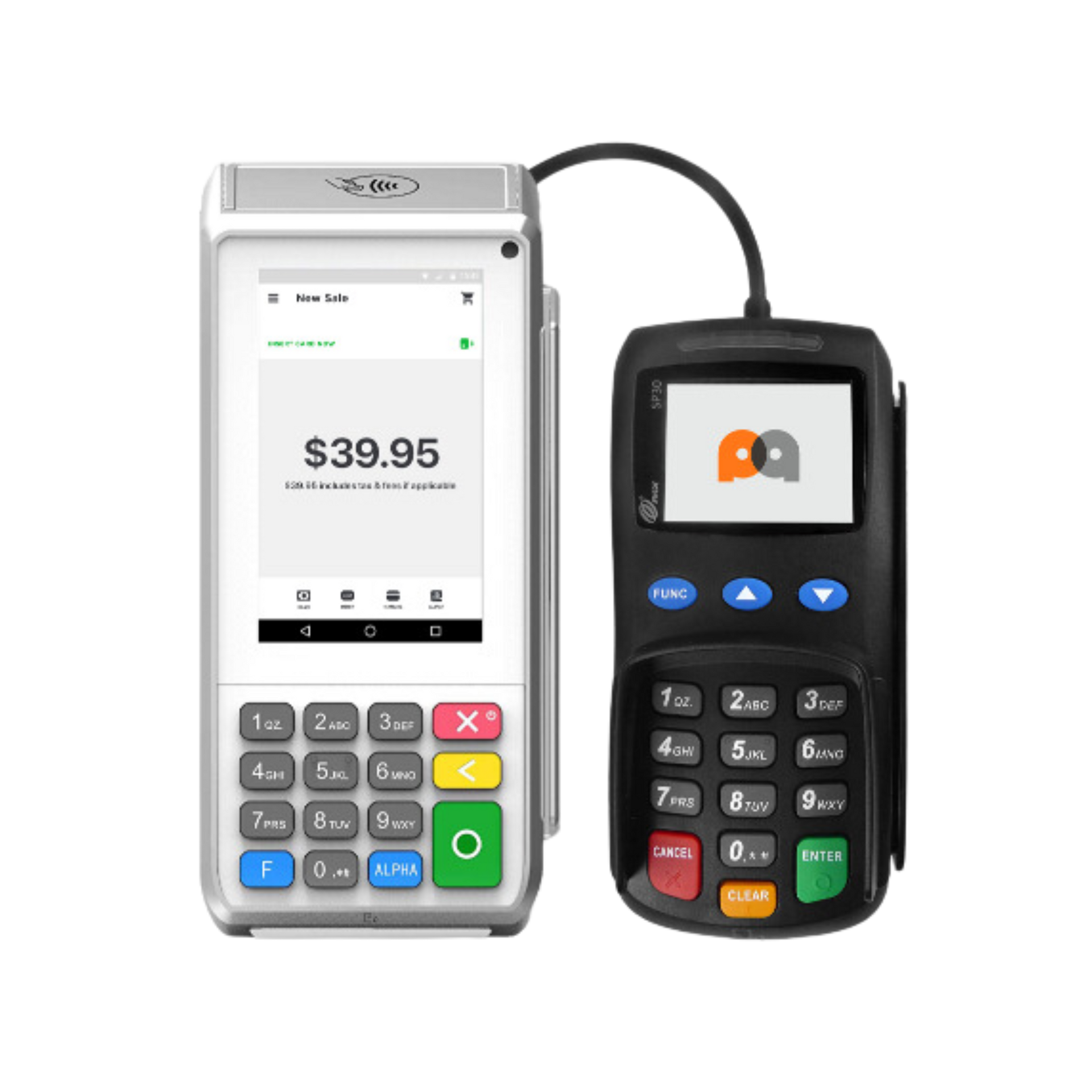 A smart phone is connected to a credit card machine.