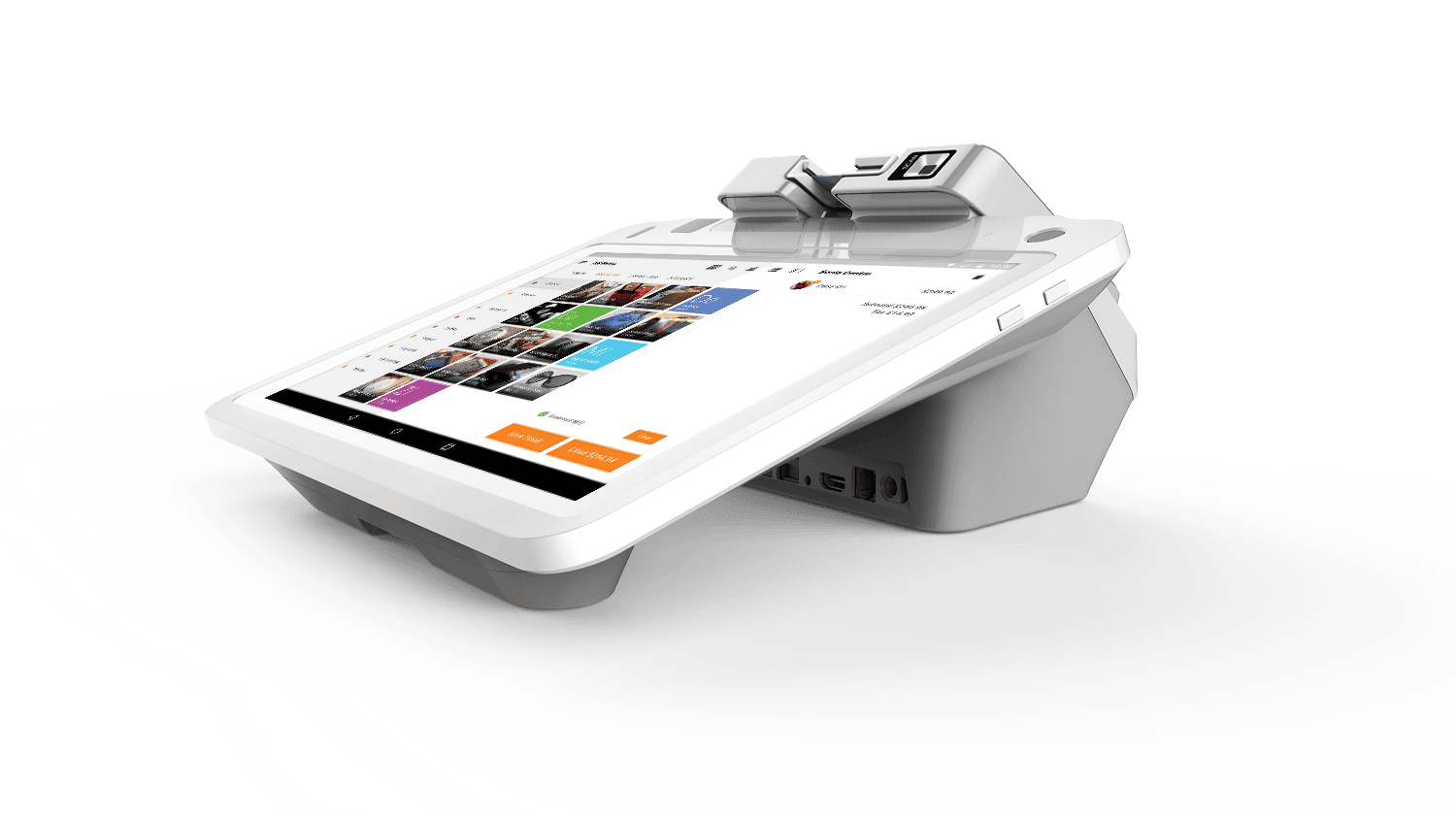 A white tablet is sitting on top of a white table.