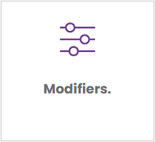 A purple icon with the word modifiers on a white background.