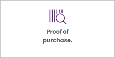 A purple logo with the words `` proof of purchase '' on a white background.