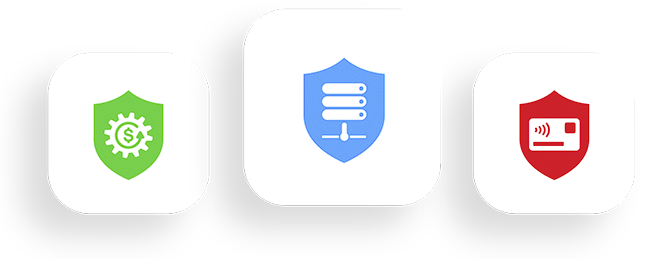 A set of three shield icons on a white background.