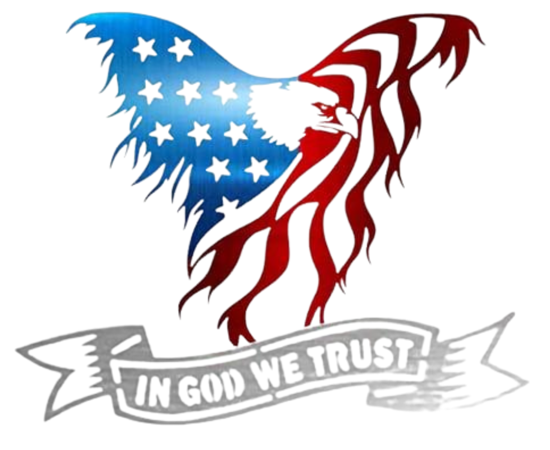 An american flag with an eagle and a banner that says in god we trust