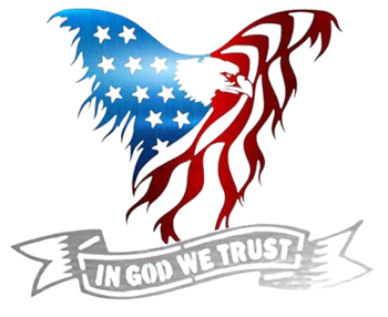 An american flag with an eagle and a banner that says in god we trust