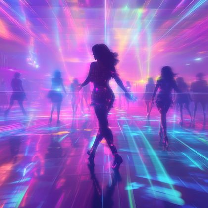 A group of people are dancing in a club with colorful lights.
