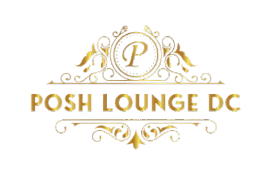 A gold logo for posh lounge dc on a white background.