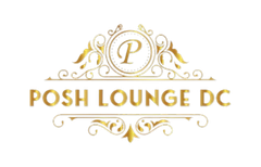 A gold logo for posh lounge dc on a white background.