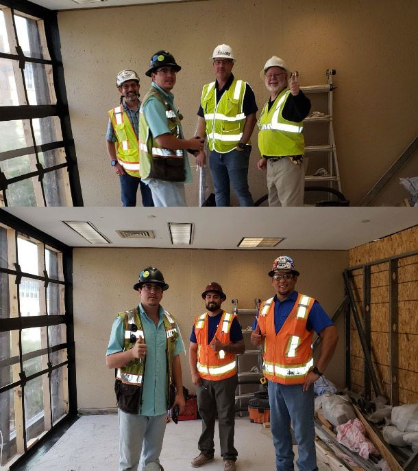 Two photos of four construction workers in hard hats and safety vests inside a room under renovation.