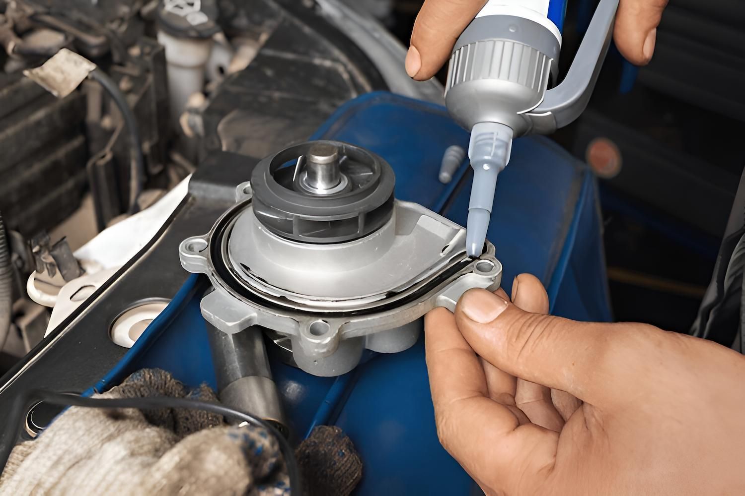 A Man is Applying Silicone to a Car Parts — Mid Coast Bearing Centre in Wauchope, NSW