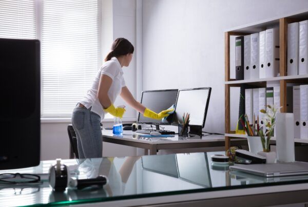 A woman is cleaning a computer monitor in an office.